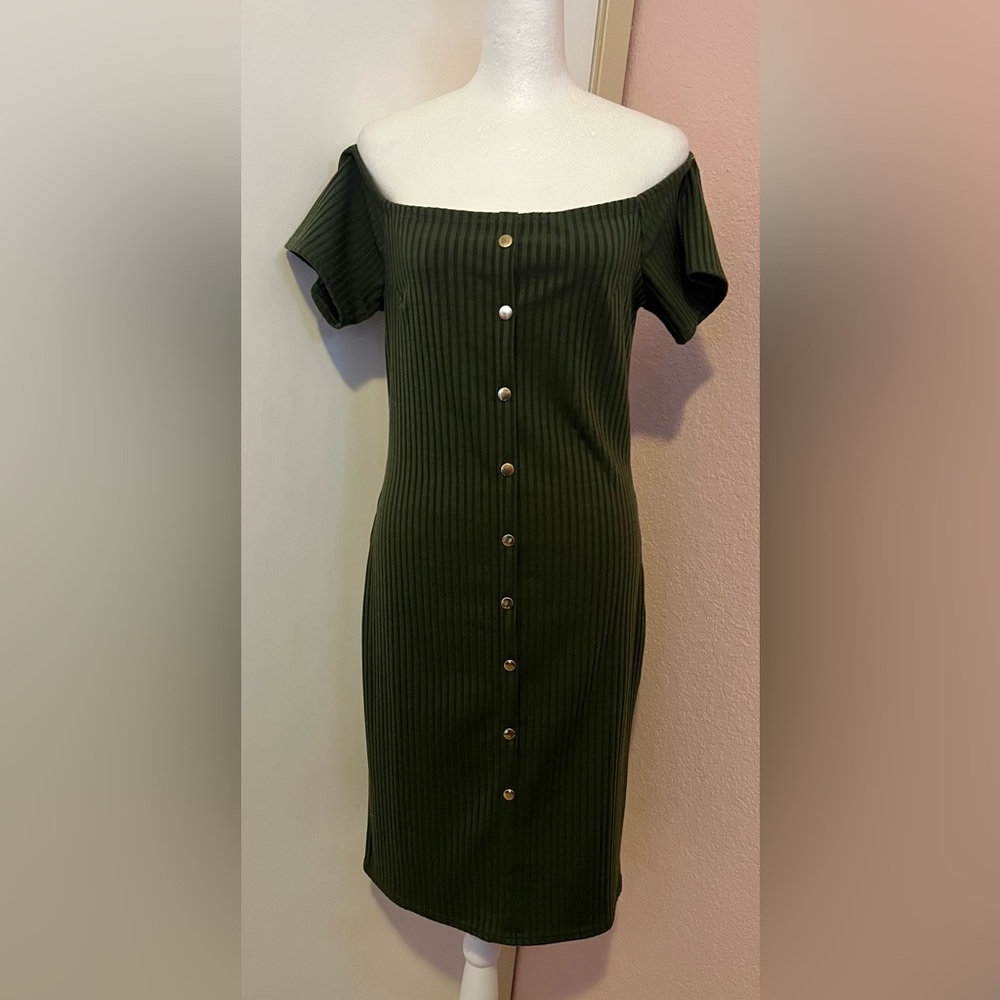 Forest Green Ribbed Off The Shoulder Midi Dress